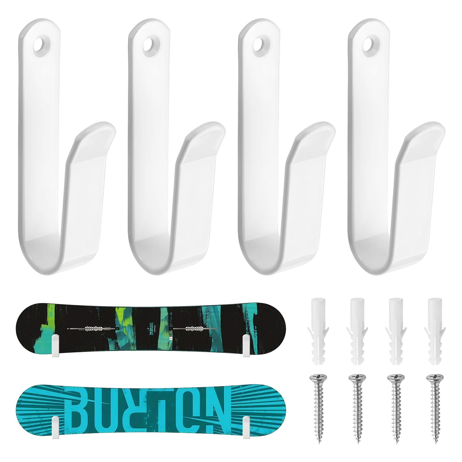 4 Stück Snowboard Wandhalterung,Horizontal Skateboard Wandhalterung mit Schrauben für Snowboard, Skiboard, Longboard, Skateboard (Weiß)