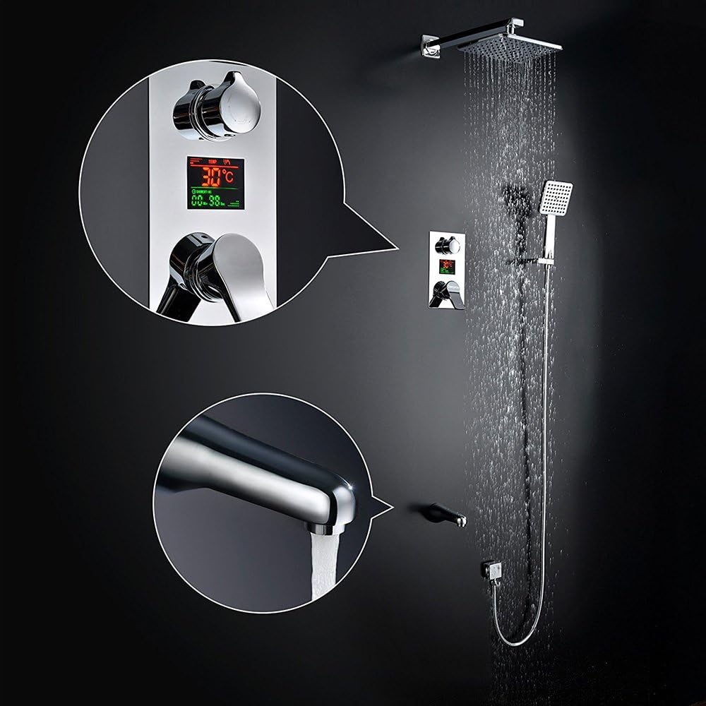 Homelody 3 Function Shower Set wiht LCD Digital Display Built in Flush Mounted Mixer Shower System with 8 inch Rain Shower Head + Hand Shower Head