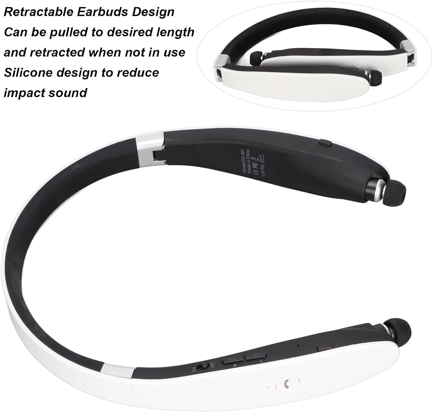 ASHATA Bluetooth Neckband Headphones, Bluetooth Stereo Neckband Earbuds Retractable Flexible Sports Earphones with Mic, Noise Cancelling, for Running Workout(White) - Image 5
