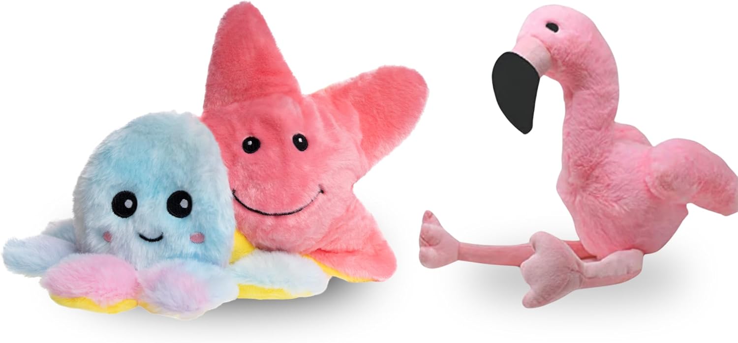 Flourish Pets 3 in 1 Multi-Layer Chew Toy for Active Dogs | Non-Toxic BPA Free Double Stitched Soft Fabric Exterior Dog Toys | Long-Lasting Dog Plush Toys - Small Flamingo/Octopus 3.5"