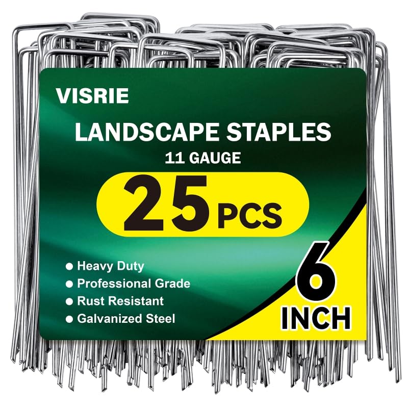 VISRIE 25 Pack Heavy Duty Landscape Staples 6 Inch 11-Gauge Galvanized Garden Stakes Anti-Rust U-Shaped Yard Pins for Securing Weed Barrier Fabric Yard Decorations