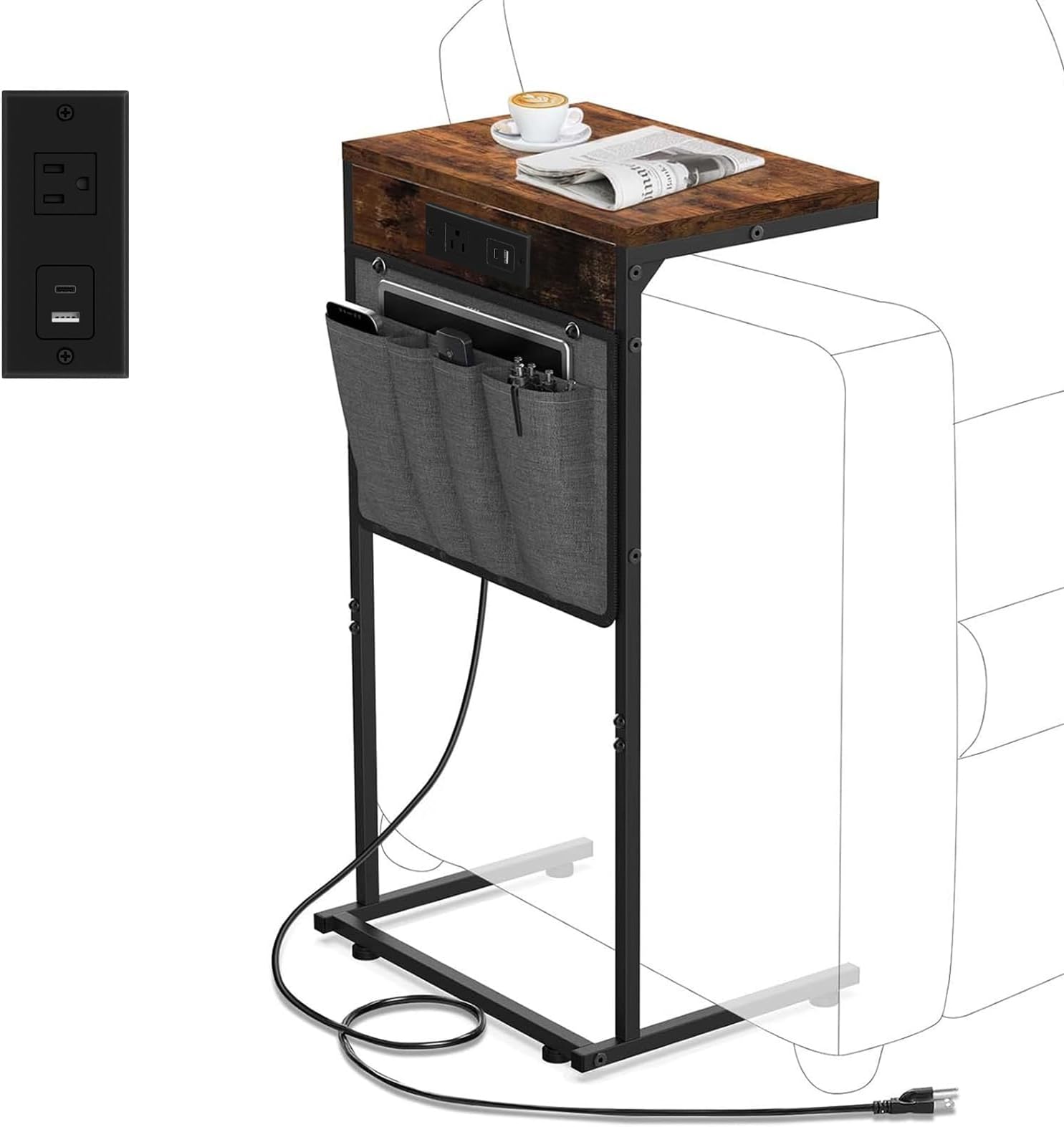 C Shaped End Table with Charging Station, Small Side Table with Storage Bag for Couch and Recliner, Slide Under Sofa Tray for Living Room, Bedroom, Rustic Brown