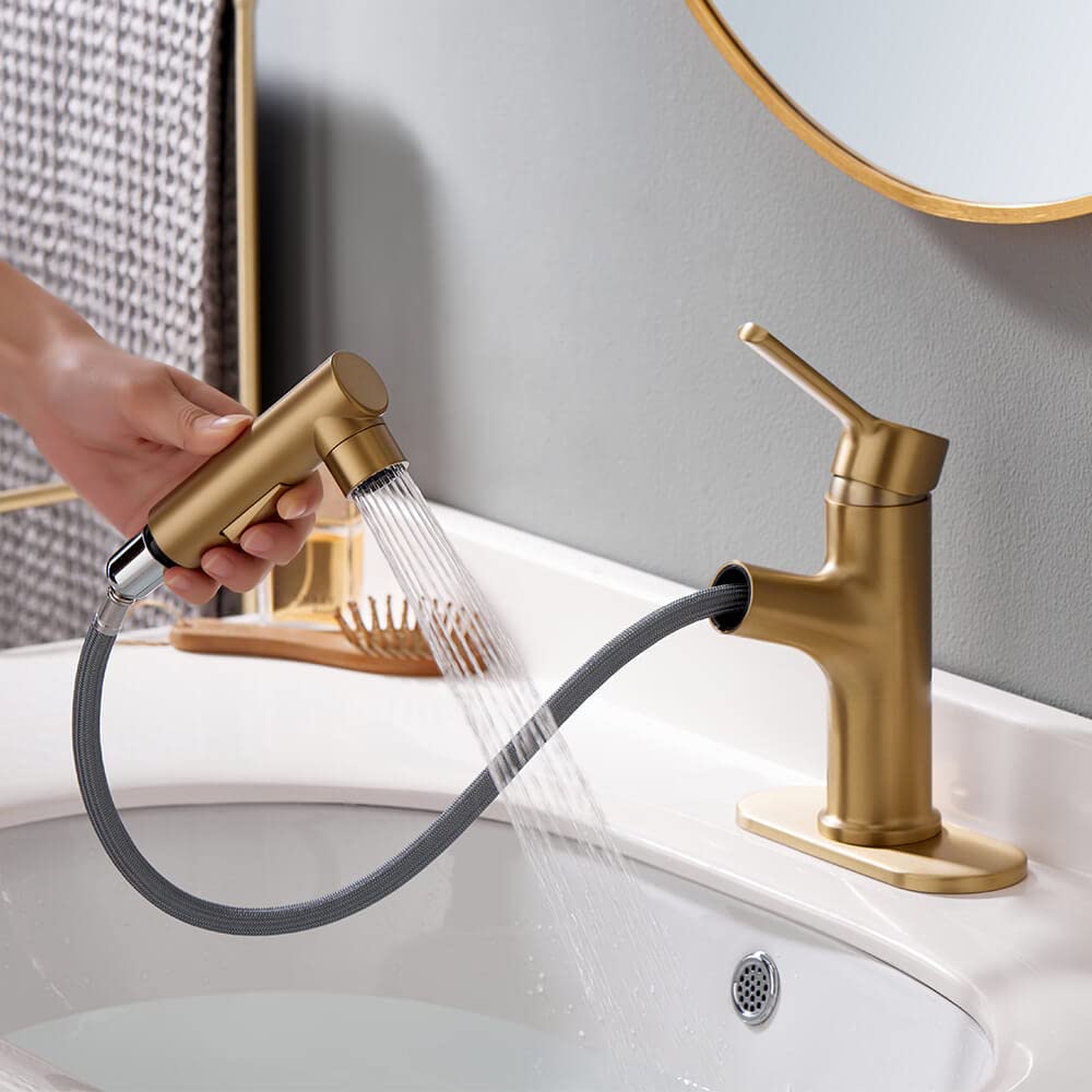 LAZ HOME Bathroom Sink Faucet Single Hole Bathroom Faucet with Pull Out Sprayer Modern Vanity Faucet, Bar Utility Sink Faucets (Brushed Gold, Regular)