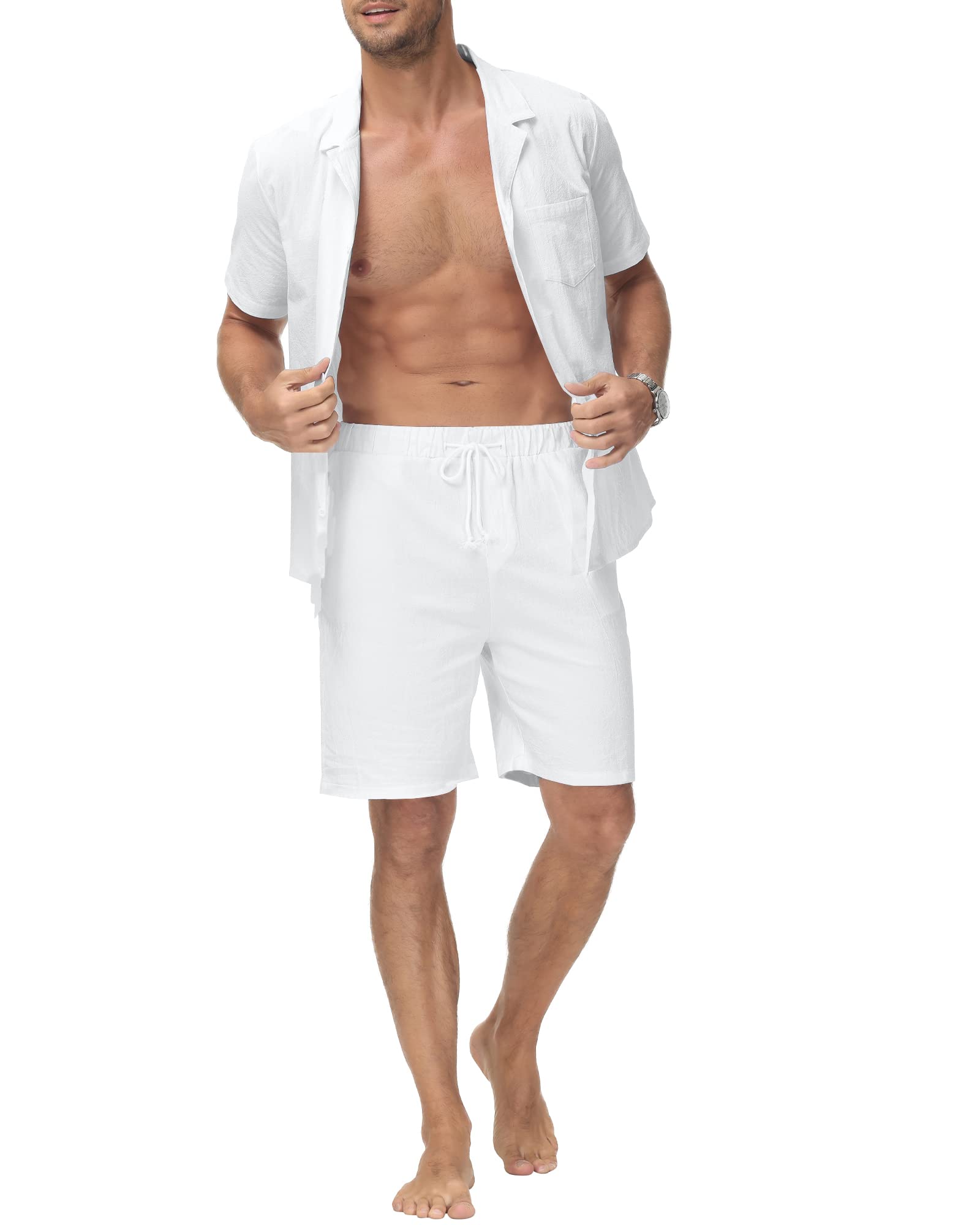 YAOHUOLE Conjunto de camisa y pantalón de lino para hombre, manga corta, pantalones y camisa de lino de manga corta para hombre, ajuste universal de verano