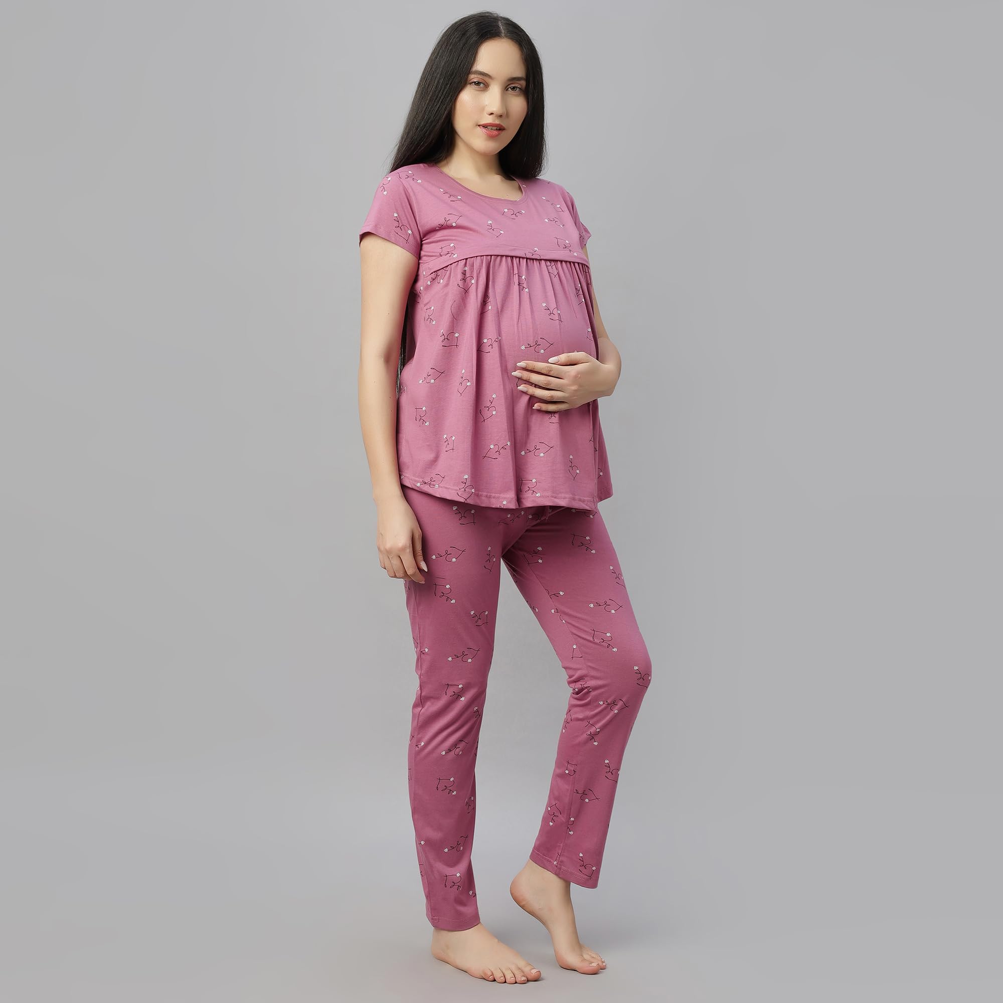 DZZO Women's Cotton Printed Maternity Night Suit | Comfortable Feeding Night Dress | Soft & Breathable Nursing Pajama Set | Color - Pink, Size - 2XL - Image 3 thumbnail