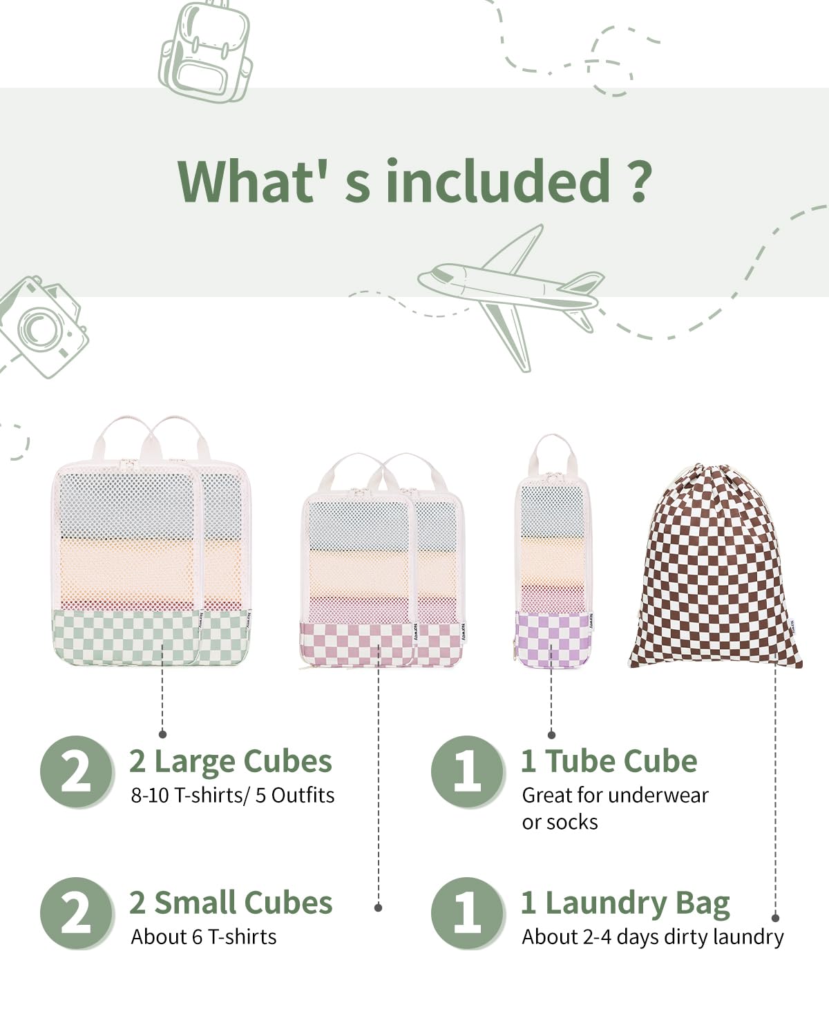 Narwey 6 Pièces Organisateur Valise, Sac Compression Voyage, Compression Packing Cubes, Organisateur Valise Compressible, Cube de Rangement, Organiseurs de Bagage (Checker Combined)
