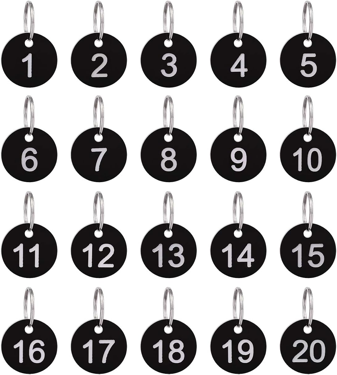 Numbers Tags 1-20, Dedoot 20 Pack 35mm Round Numbered Tags Plastic Small Key Tags 20 Numbered Keychains for Dormitory Keys House Lockers -Black