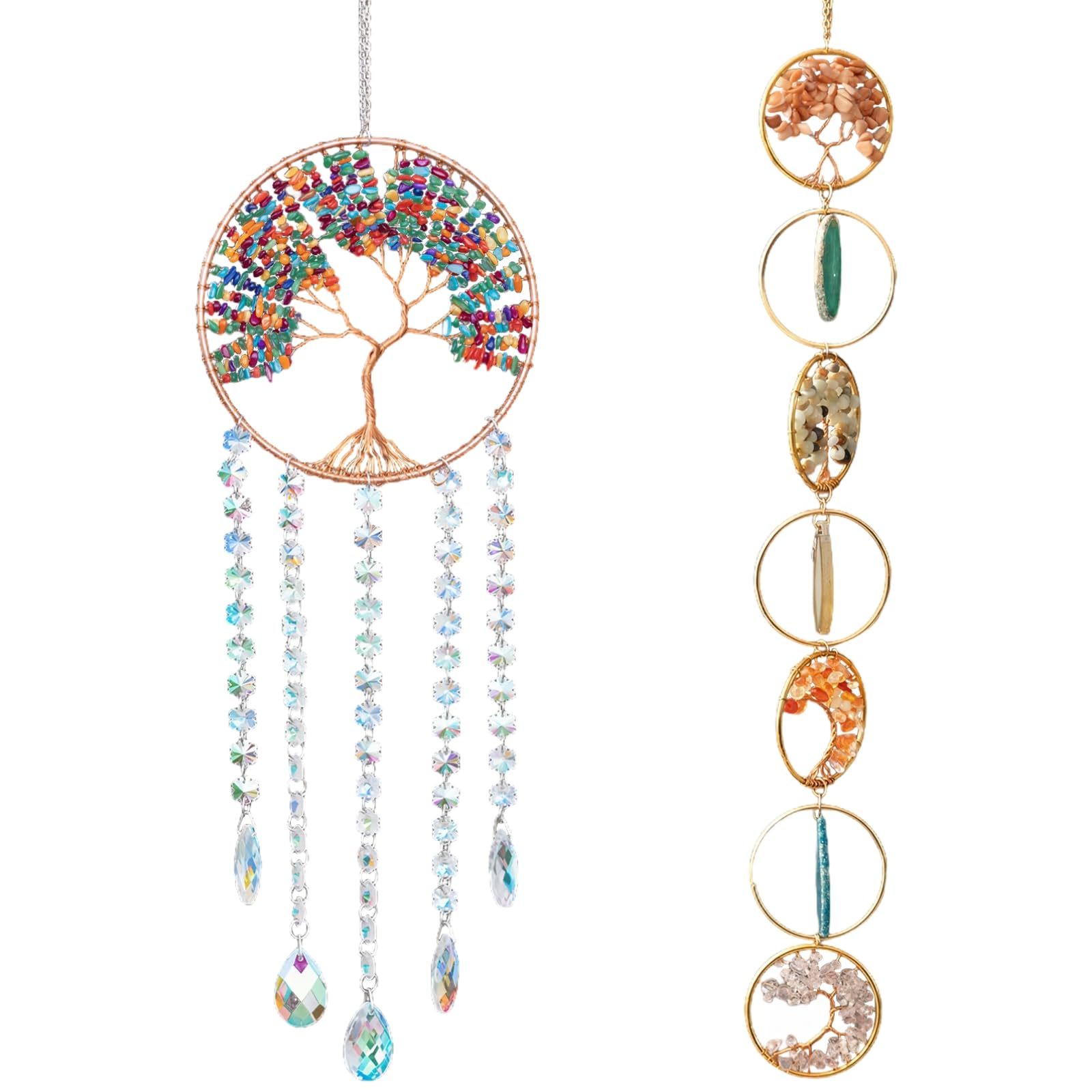 Traumfänger Wandbehang, großes Lebensbaum-Achat und Strass-Sonnenfänger-Set, ideal für Schlafzimmer und große Räume, mit lebendigen Kristallen und goldenem Drahtrahmen