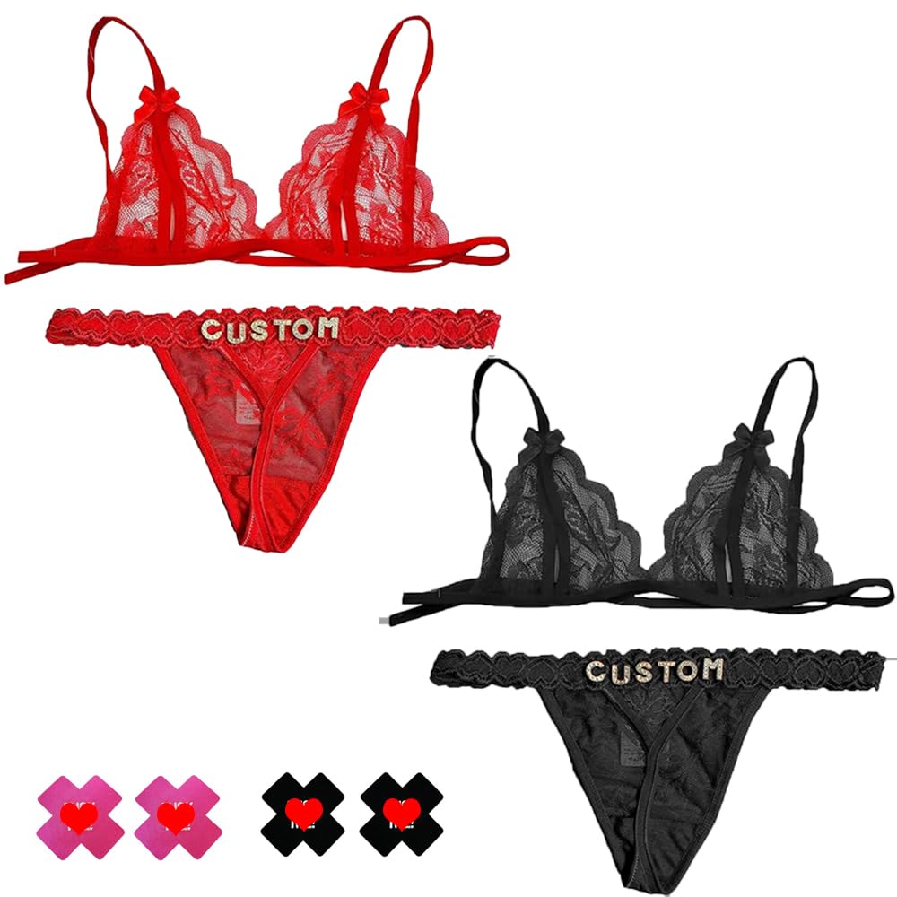 Gorgieousy Girls White Custom Name Thong Bra Set - Personalized Thongs & Bra Top G-String, Silvery Golden Rhinestone Letters Underwear, Fashion,