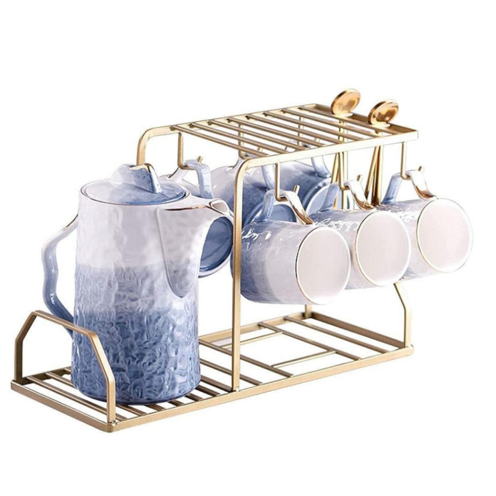 Zestaw filiżanek do espresso, kubki do kawy, porcelanowe zestawy do herbaty z metalowym stojakiem dla dorosłych nowoczesny z uchwytem na kubek i łyżeczką do wody