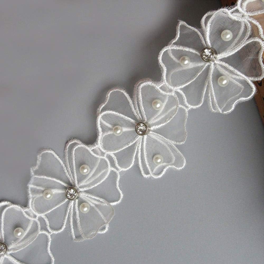 2 Meters Pearl Beaded Diamond 3D Veil Flower Lace Edge Trim Ribbon 55mm Width White Trimmings Vintage Style Fabric Embroidered Applique Sewing Craft Wedding Bridal Dress Party Decoration Clothes DIY