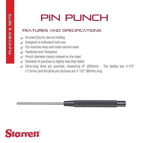 Miniatura 2 de Starrett Perforadora extralarga con agarre moleteado para introducir pasadores dentro o fuera de una pieza de trabajo, acero endurecido y templado,