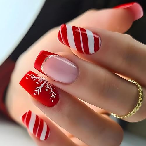 Christmas Press-On Nails: Short Coffin Designs - Red French Tip