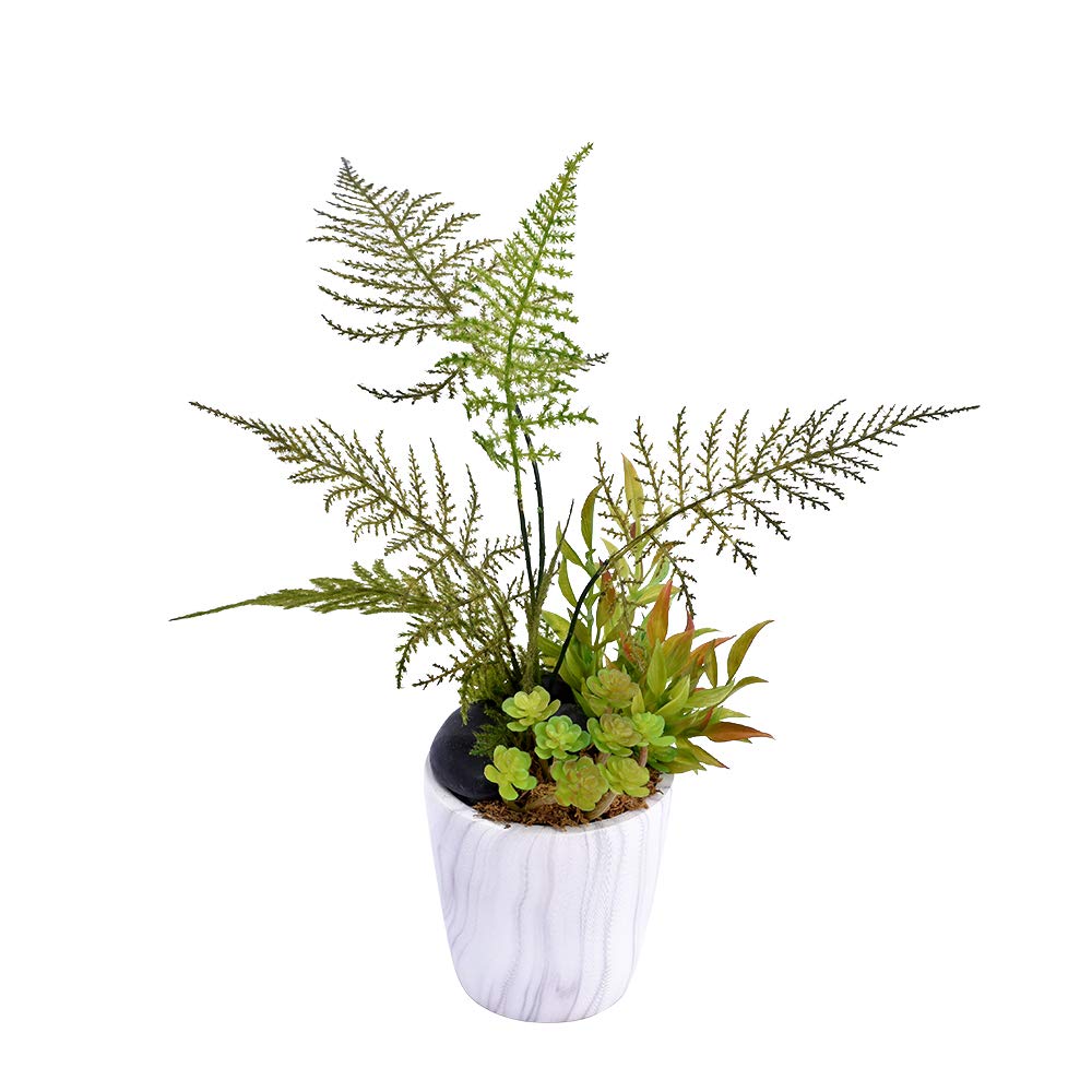 YATAI Artificial Boston Fern Marble Potted Plant, Mini Artificial Plants with Stones and Moss Grass in Pots, Green Faux Potted Plants for Office Window Table Bathroom Greenery Room Home Decor