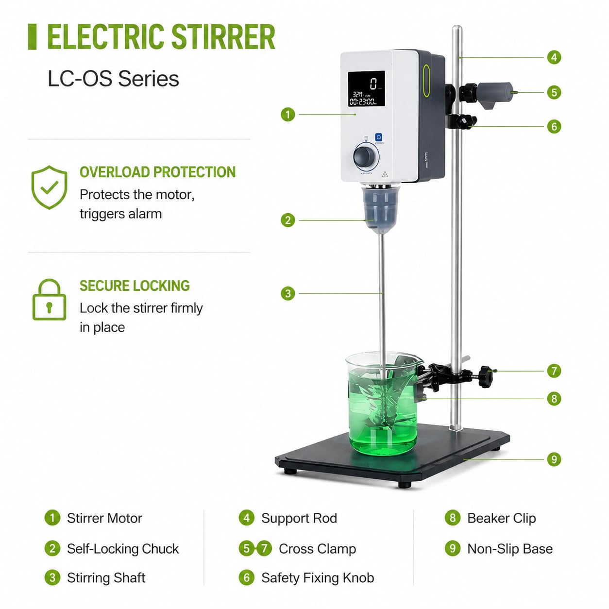 Agitador aéreo sin escobillas DC LCD Digital 2000RPM | Capacidad de 20 litros, 2000 rpm, torque de 40 N·cm, pantalla LCD, mezcla de laboratorio silenciosa