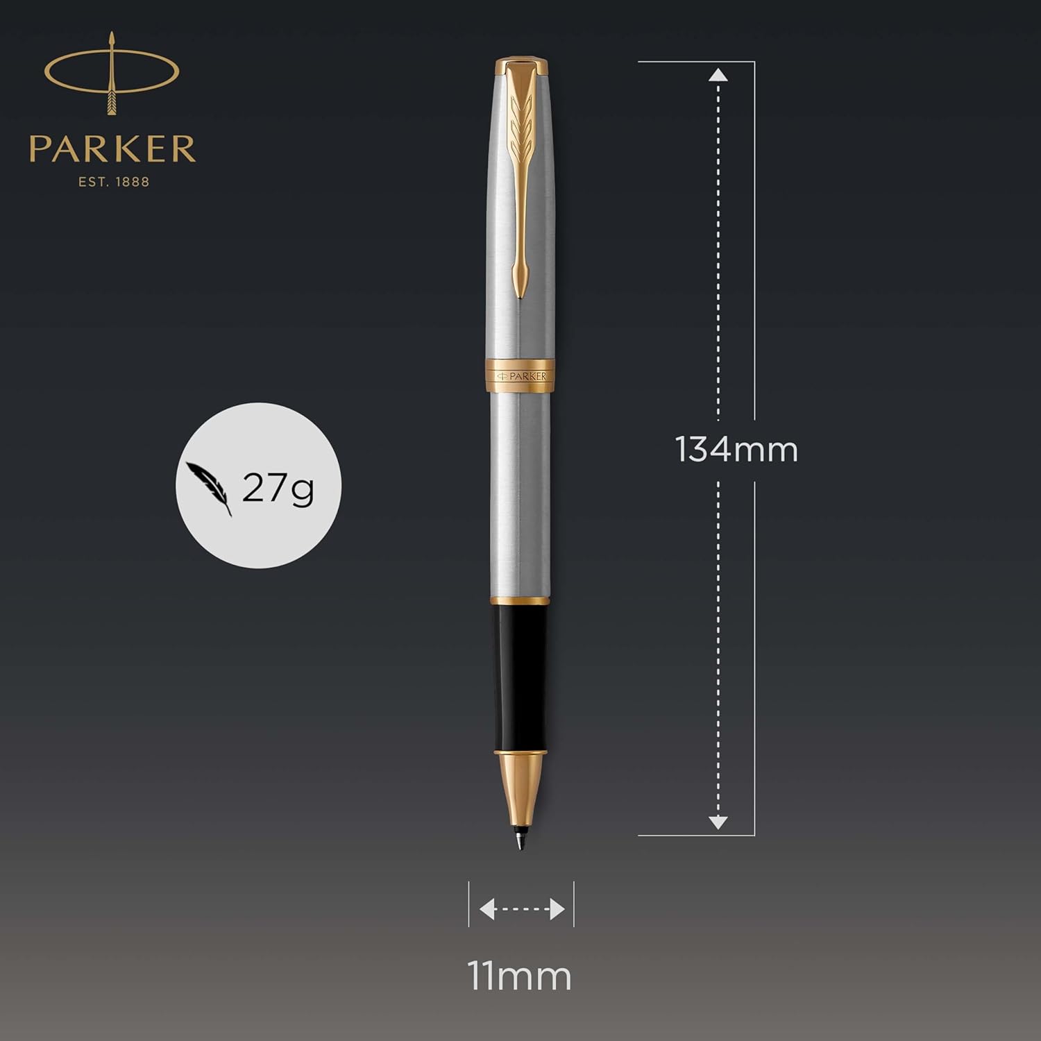 PARKER Sonnet Rollerball Pen, Stainless Steel with Gold Trim, Fine Point Black Ink (1931506)