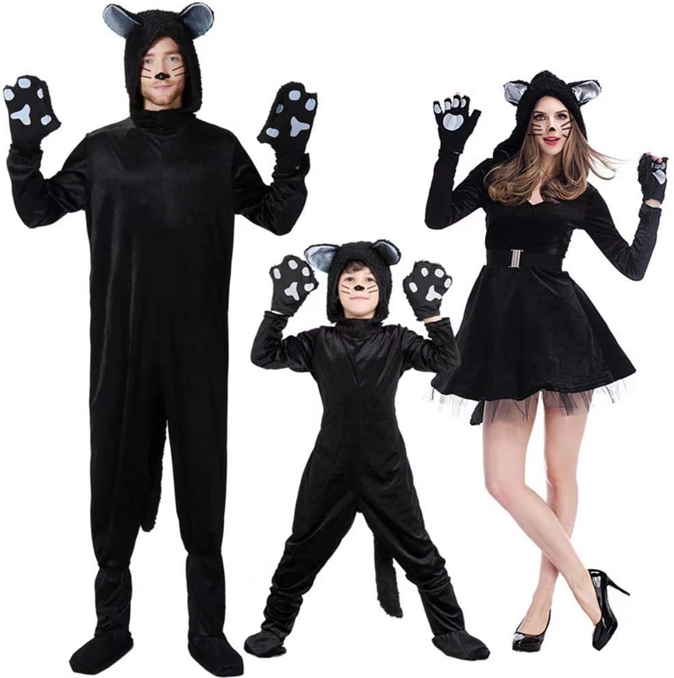 Amatop Black Cat Halloween Costume ，3Sets Black Cat Cosplay Costume Family Halloween Costume for kids Parent-Child Suit-Black Friday Dress Up - Funny animal Costumes
