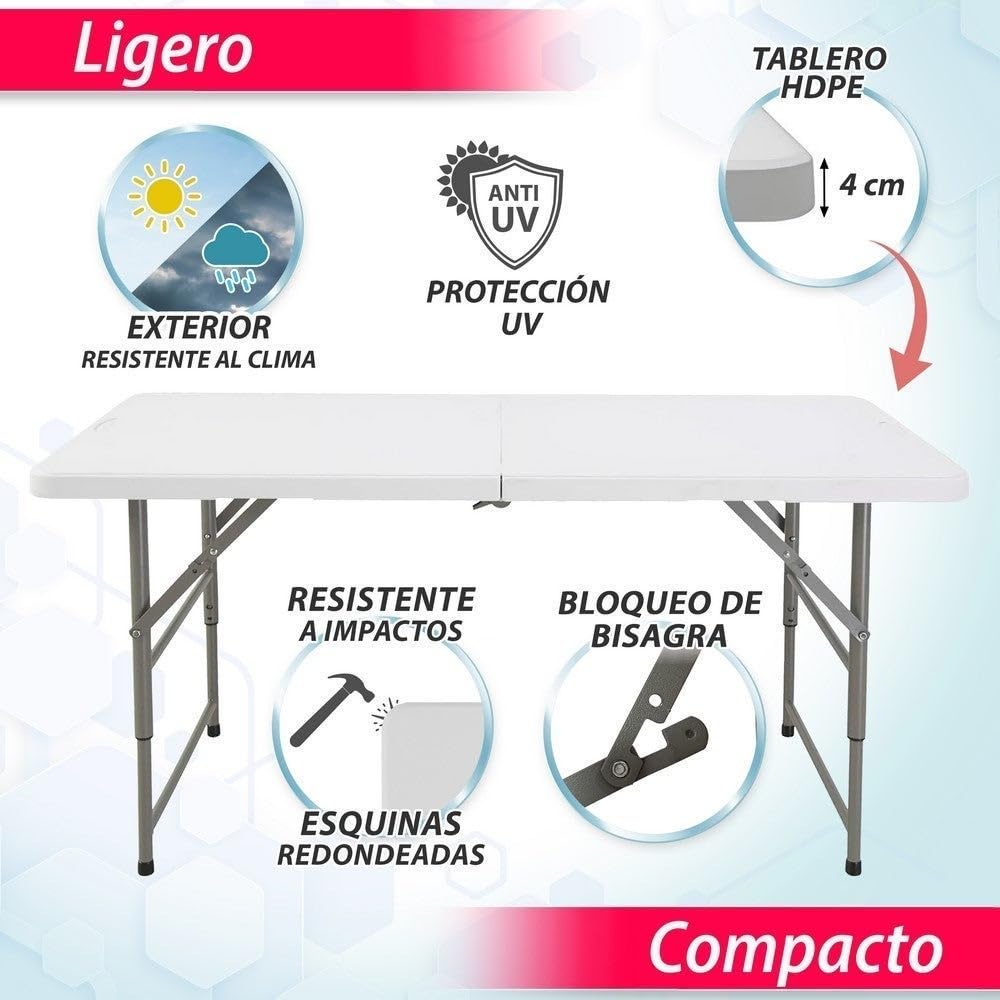 LOLAhome Mesa Plegable, Regulable en 3 Alturas, de Acero Anticorrosión y HDPE (De 122x60x74 cm) | Resistente, fácil Transporte, fácil Montaje | Ideal Acampadas, Picnic, Catering, Jardín, Terraza