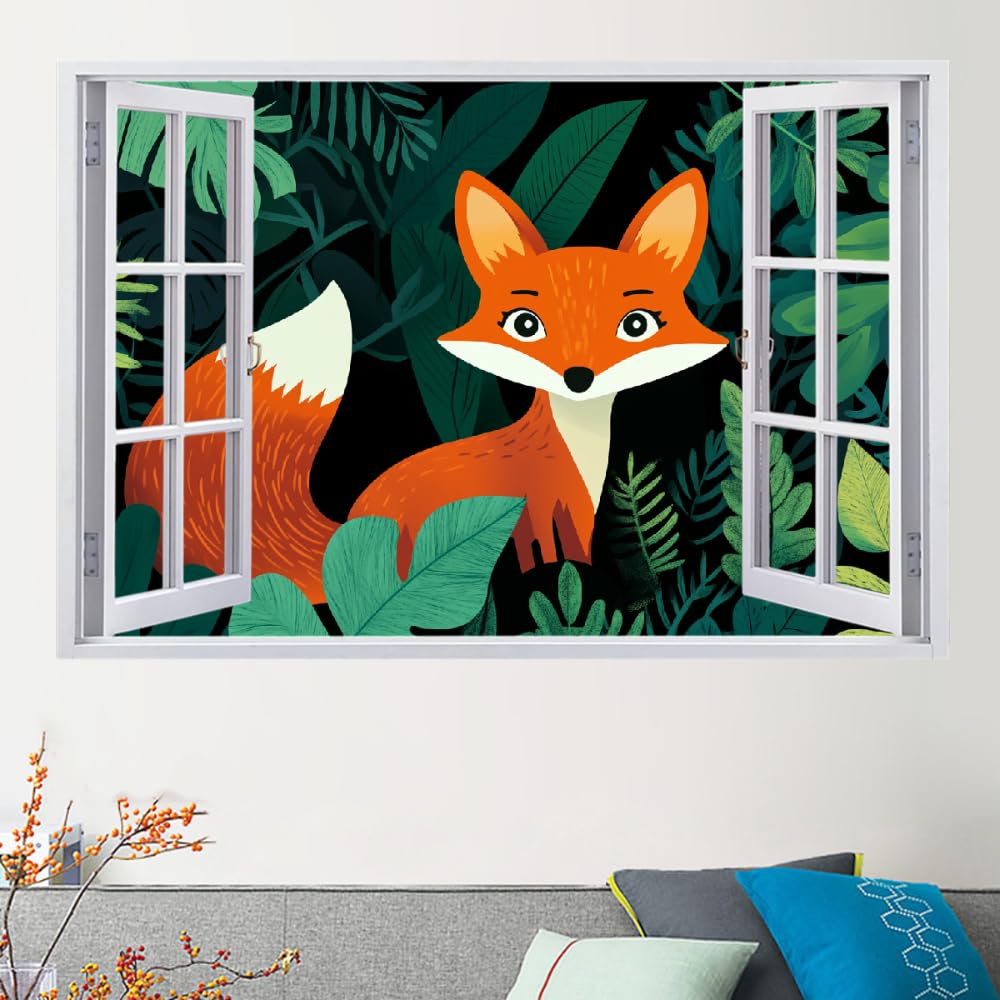 Decalcomanie da muro Art 3D Fracassato Cartone Animato Di Volpe Adesivi murali removibili Pianta Verde Carta da parati Camera da letto autoadesivo per ragazze Camera da letto Nursery Home Decor Gift