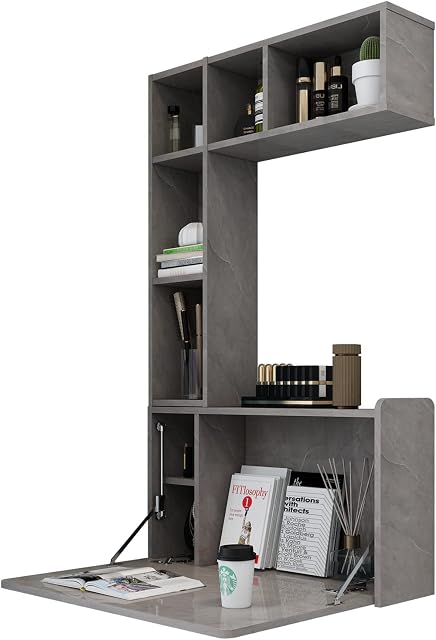 Pmnianhua Folding Wooden Wall Mounted Drop Leaf Table,Space Saving Folding Table Makeup Vanity Desk Table with Storage Shelves for Laptop Bedroom Studio Small Space (dark grey)