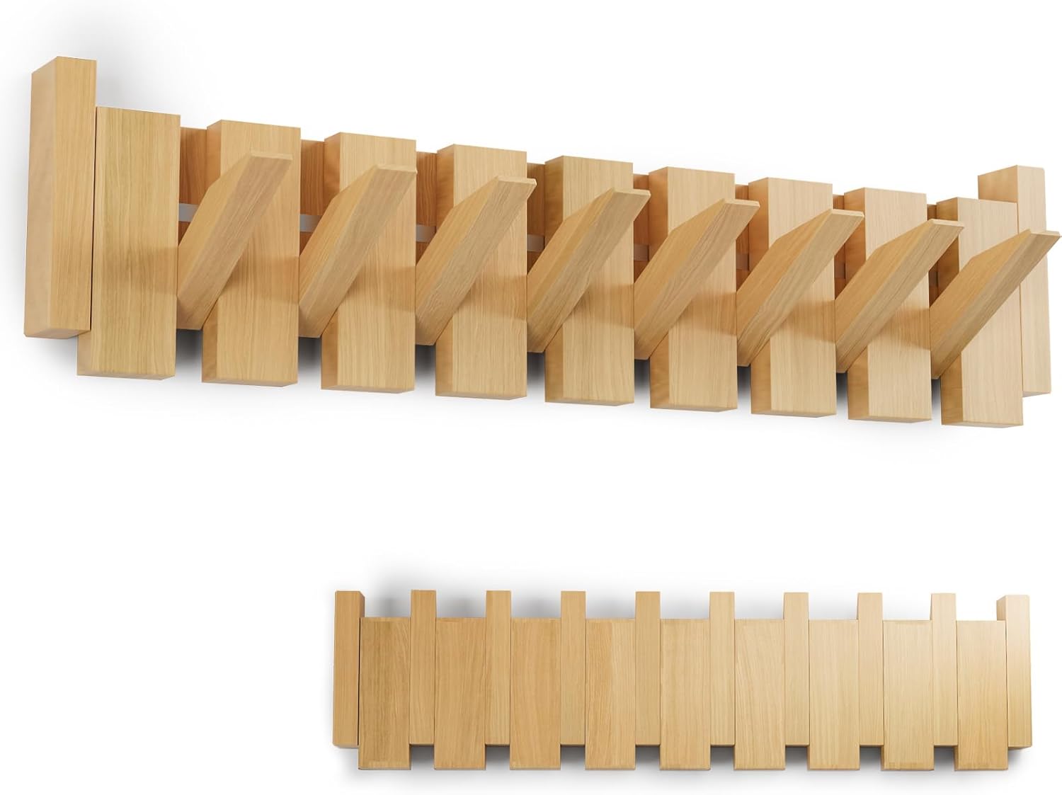 Wooden Coat Rack, Wall Mounted Handmade Natural Hook, Space-Saving Coat Hanger with 10 Flip-Down Hooks for Entryway, Bedroom, Bathroom Decoration (Beech AS1, 8 Hooks) Beech C1 8 Hooks