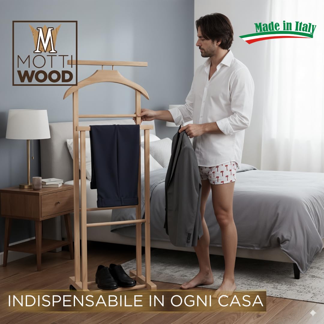 Mottiwood Indossatore Doppio con Appendi Pantalone, Appendiabiti Da Camera, 100% Legno Faggio, Servo Muto Doppio con 4 Ruote, Color Naturale, Made in Italy