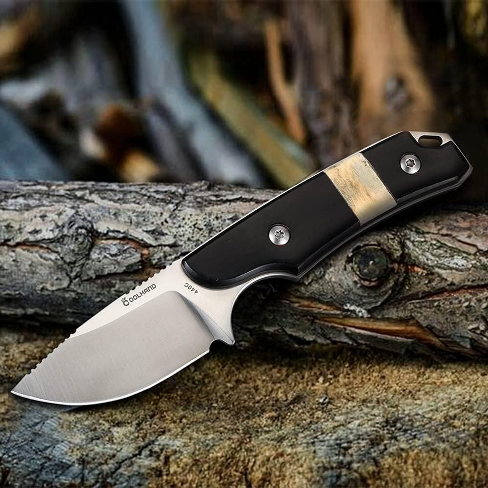 Cool Hand 5.98" Horizontal Carry Knife, Full Tang Compact Survival Hunting Knives, Leather Belt Loop Sheath with Buckle, Outdoors Drop Point 440C Fixed Blade, Buffalo Horn Handle