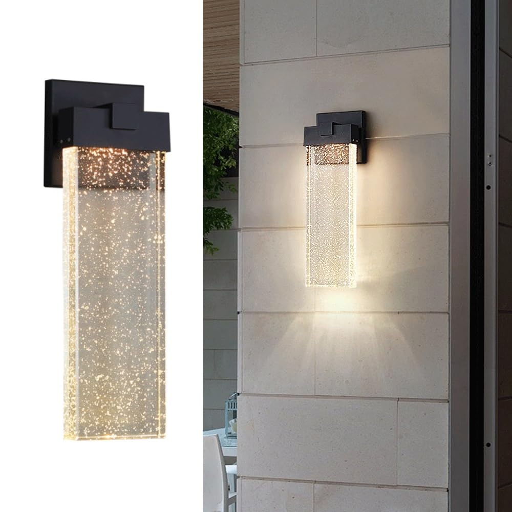 UOPYNE Large Outdoor Porch Wall Light Fixtures, LED 3000K Warm light Modern Exterior Wall Lantern, Bubble Crystal Glass Shade Patio Front Door Entryway Wall Mounted Light(14.5in)