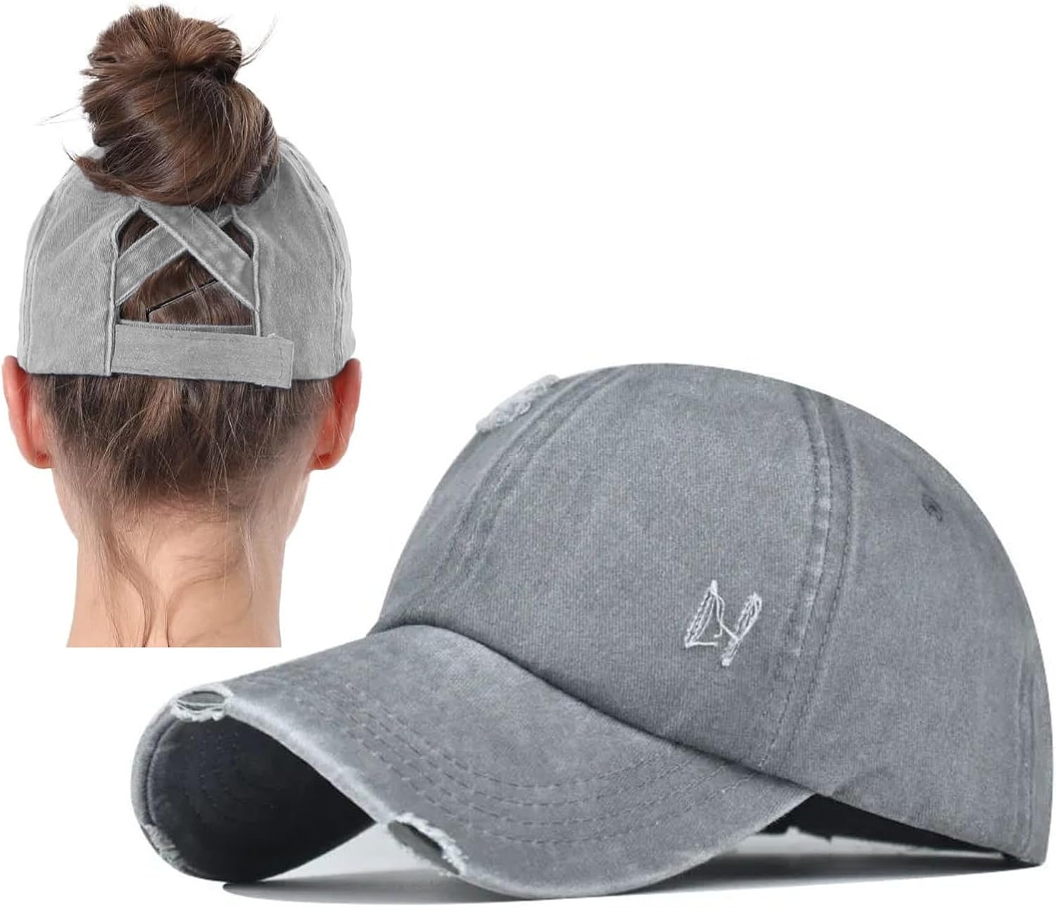 2 Packs Distressed Ponytail Hat for Women Criss Cross Hat Baseball Cap Pony Tail Caps High Bun - Image 2