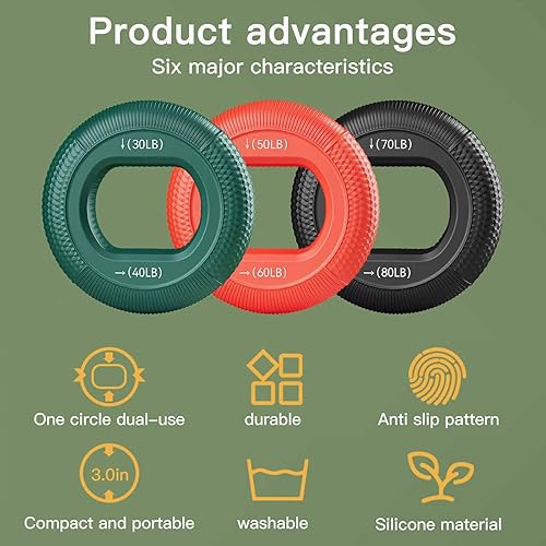 Miniatura 6 de Entrenador de fuerza de agarre (30-80 libras)  6 niveles de resistencia, 3 anillos fortalecedores de silicona para escalada en roca, atletas,