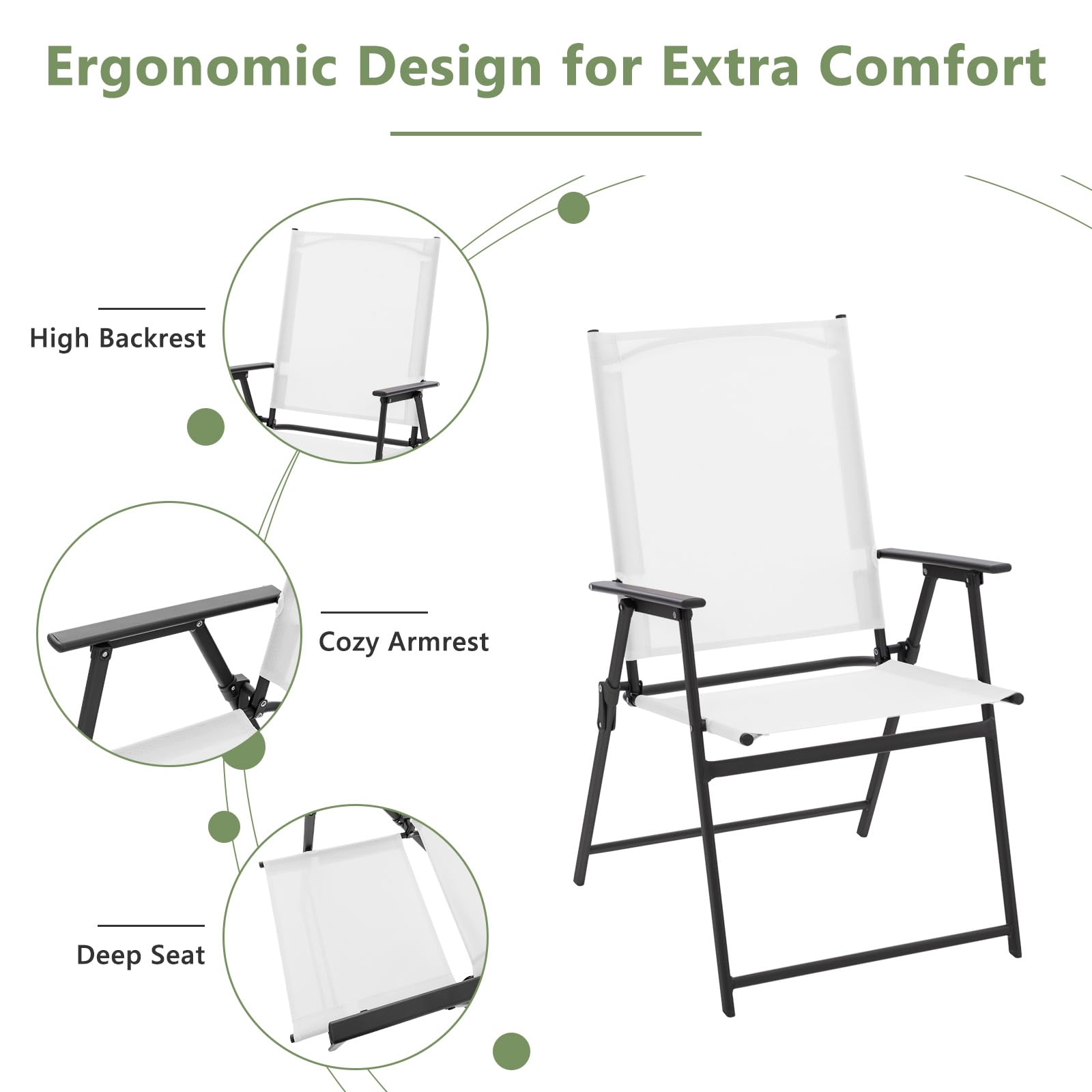 KOMFOTTEU Juego de 2/4 Sillas Plegables de Jardín, Sillas de Jardín Portátiles con Reposabrazos y Respaldo Alto, Sillones Ergonómicos con Carga de 150 kg, Asiento para Exterior (Blanco x 4)