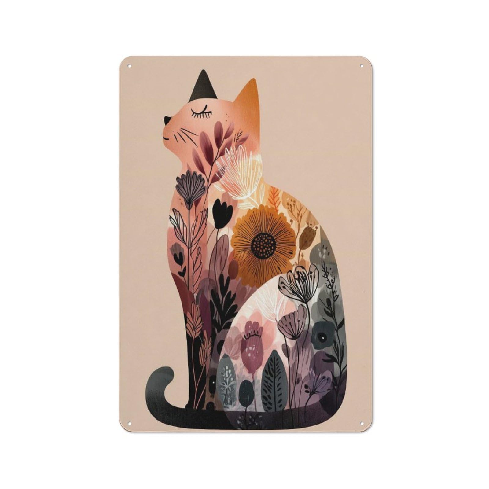 Junmoney Style-10 Retro-Style Tin Sign 30X20cm Featuring Floral Cat Illustration For Hallway Wall, For Garage, Workshop And Man Cave Decoration