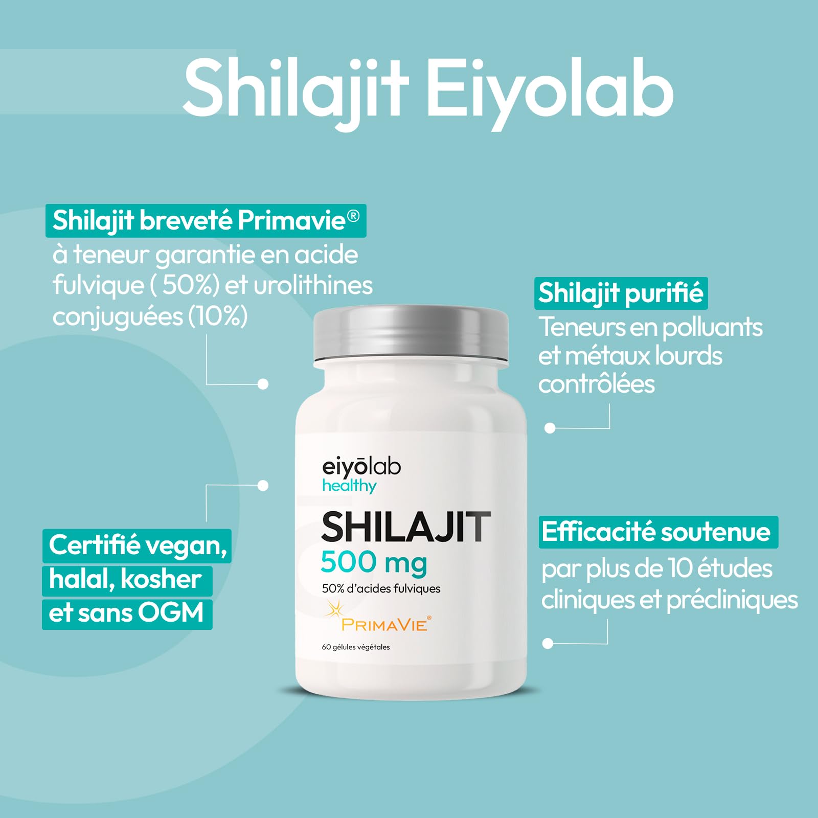 Shilajit Breveté PRIMAVIE® | Extrait Pur en Gélules | Immunité, Musculation et Articulations | Riche en Acide Fulvique (50%) et en Acide Humique (10%) | 60 Gélules Végétales | Eiyolab