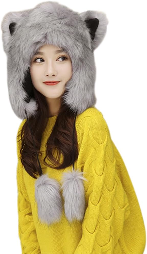 Winter Thermal Plush Furry Earflap Ushanka Hat Faux Fur Windproof Hooded Beanie Animal Themed Costume Hat for Men Women