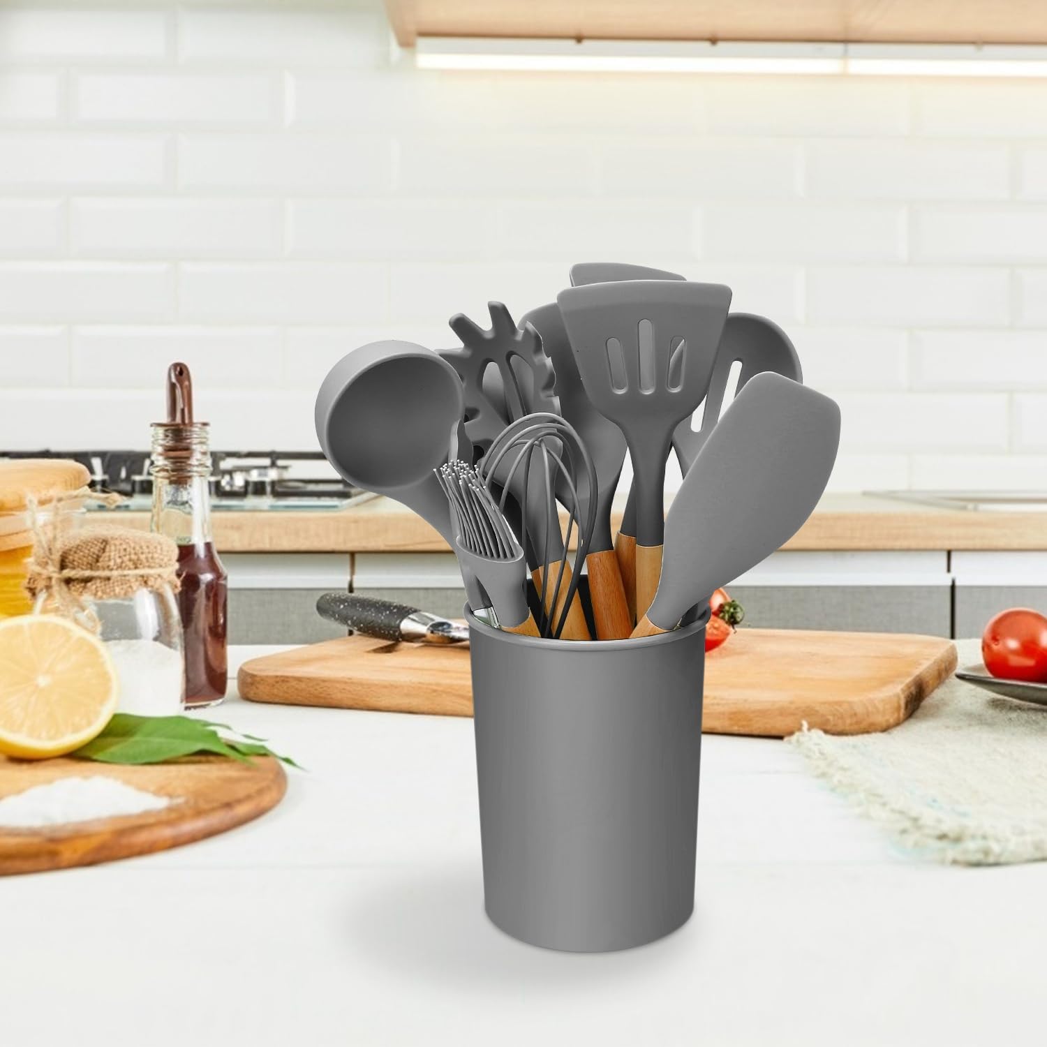 11Pcs Silicone Cooking Utensil Set Heat Resist Wooden Handle Silicone Spatula Ladle Spaghetti Server Tongs Spoon Egg whisk Kitchenware Set w/Holder