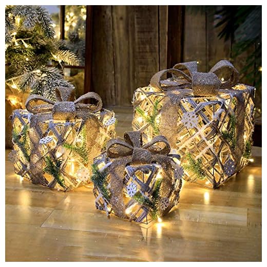 LIPETLI Juego de 3, led de luz Blanca CáLida en Caja de Regalo Cinta de áRbol de Navidad, Cajas Preiluminadas para DecoracióN NavideñA, 25/20/15 Cm,A