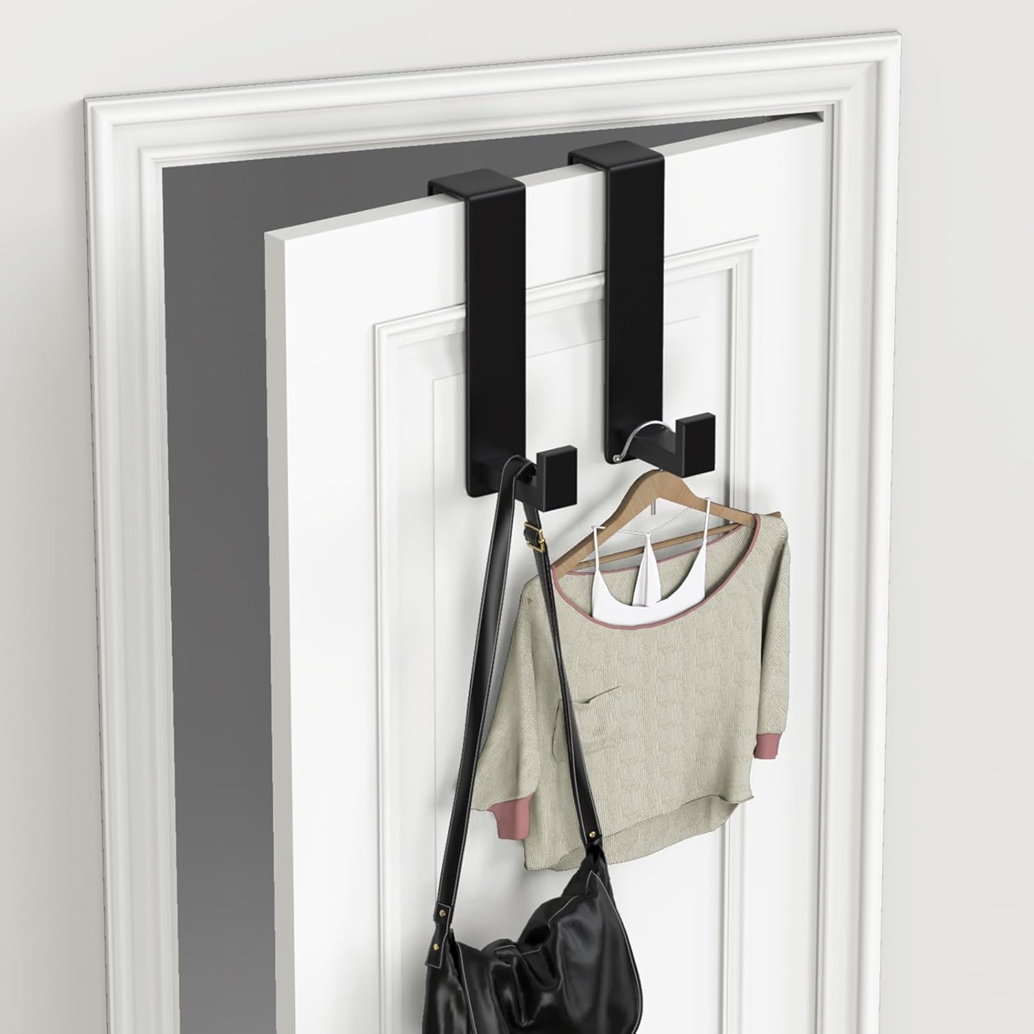 PMMASTO 2-Pack Over The Door Hooks - Rustproof Stainless Steel Door Hangers Fits for 1-3/4 Inch Thick Doors, Non-Marking and Tool-Free Easy Install​​ (Black, L Shape)