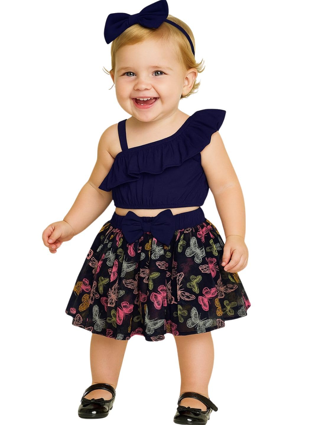 A.T.U.N. (All Things UBER Nice) Baby Girls One Shoulder Crop Top with Printed Skirt & Matching Headband Set | 3 Piece Outfit Set for Kids