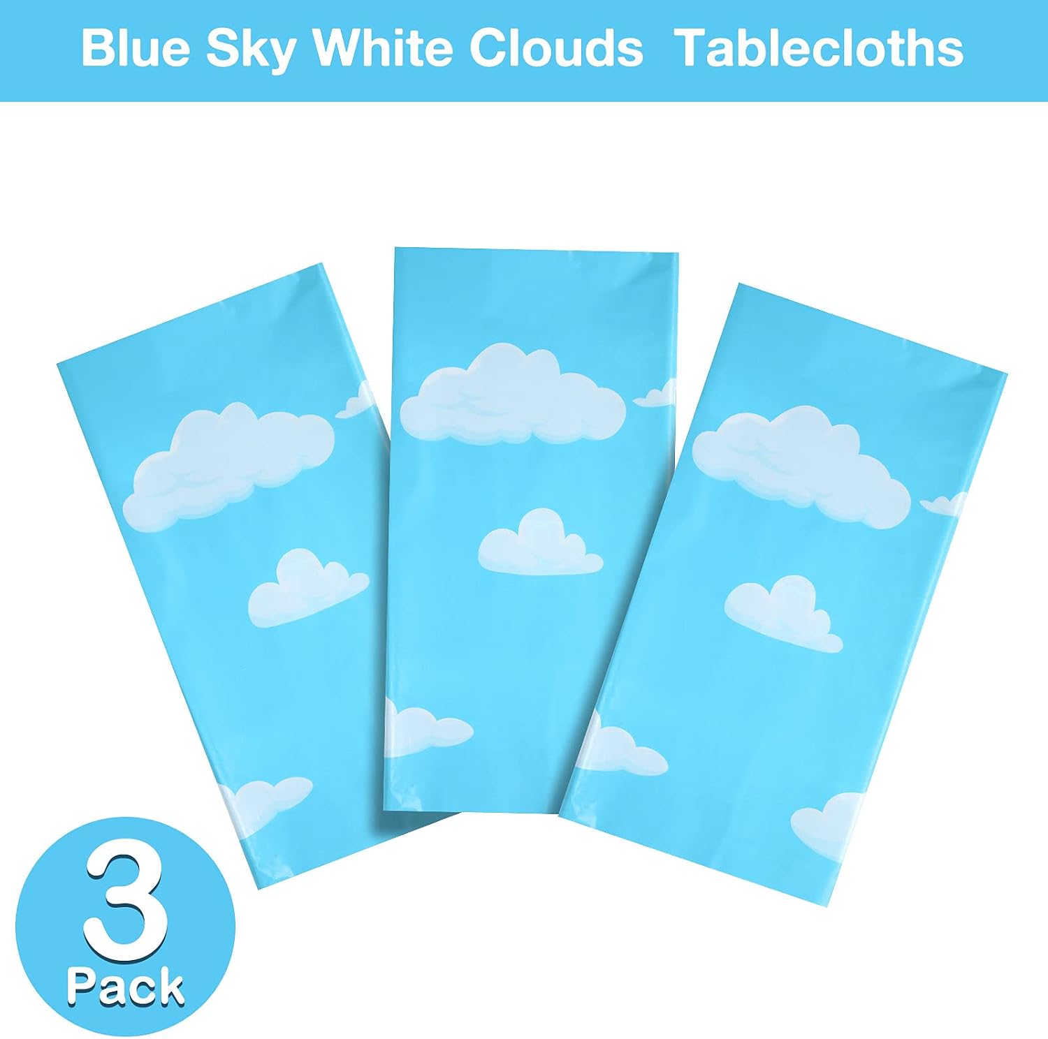 Tatuo 3 Pieces Blue Sky White Clouds Birthday Party Supplies Cartoon Story Tablecloth Party Table Cover Cartoon Table Banner for Baby Kids Shower Birthday Decorations, 54 x 108 Inch