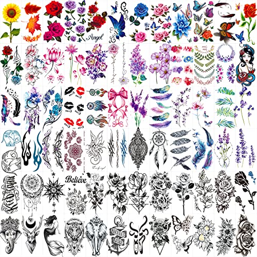 72 Sheets Temporary Tattoos for Women and Girls, Flower Tattoo Temporary, Butterfly Tattoos, Fake Black Tiny Temporary Tattoos Body Art Sticker