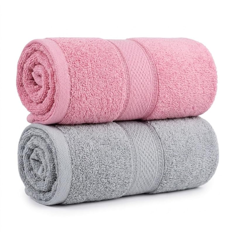 Image of TowelWala Premium Hand Towel 550 GSM Soft Absorbent Quick Dry (Pink /Grey) | Premium 550 GSM cotton with woven border-quick drying and perfect for bathroom, kitchen, gym, and travel.