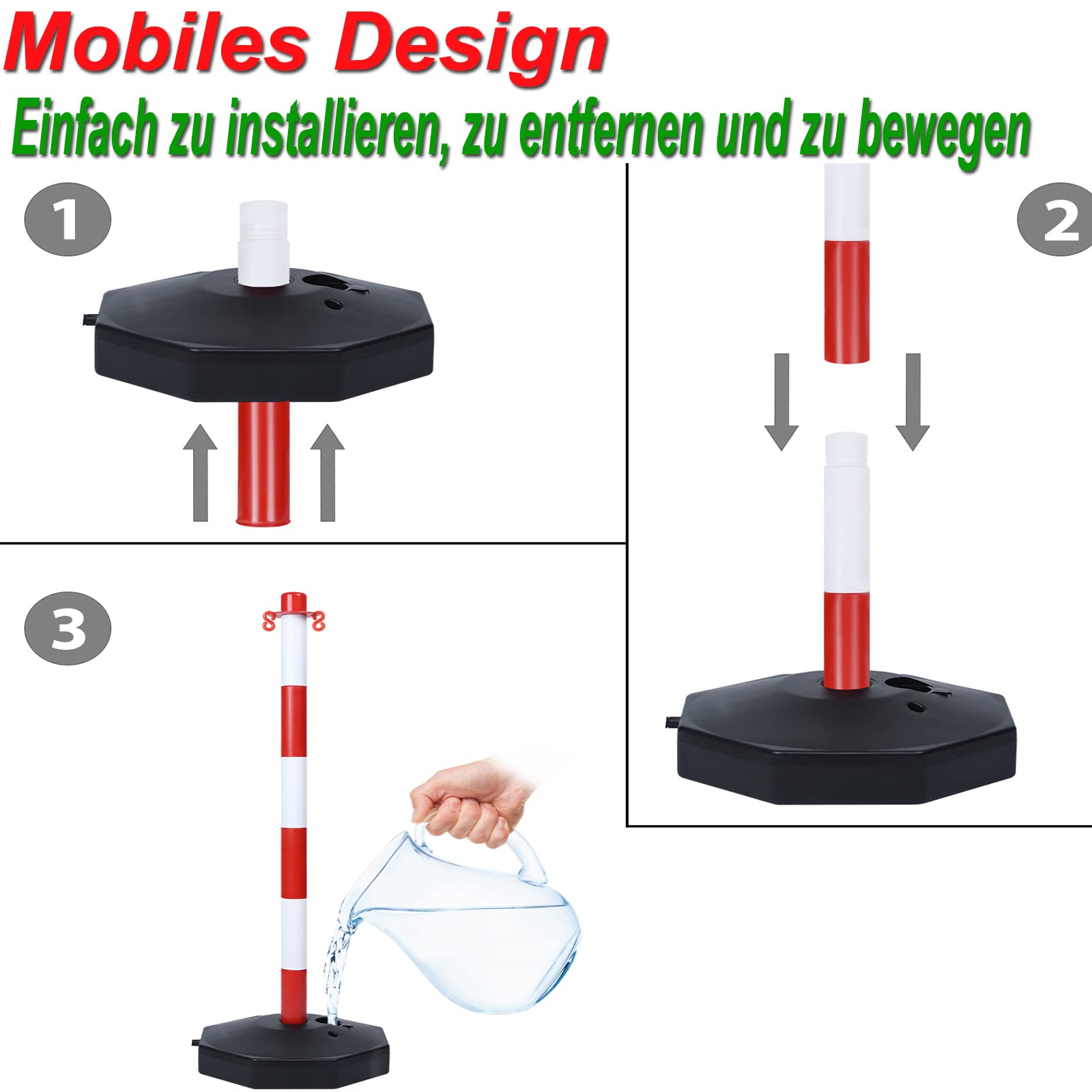 YRHome Pack de 6 postes de barrera de 82x28x28 cm postes de cadena de plástico postes de barrera con 6 cadenas de barrera de 140 cm y base rellenable con agua y arena blanco/rojo