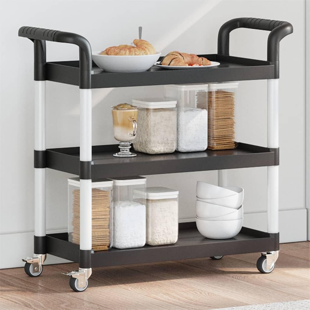 Mobiler Küchen-Servierwagen mit 3 Ebenen, schwarzer Aluminiumwagen für Esszimmer & Heimorganisation, vielseitige Aufbewahrungslösung, 77 x 34 x 72 cm