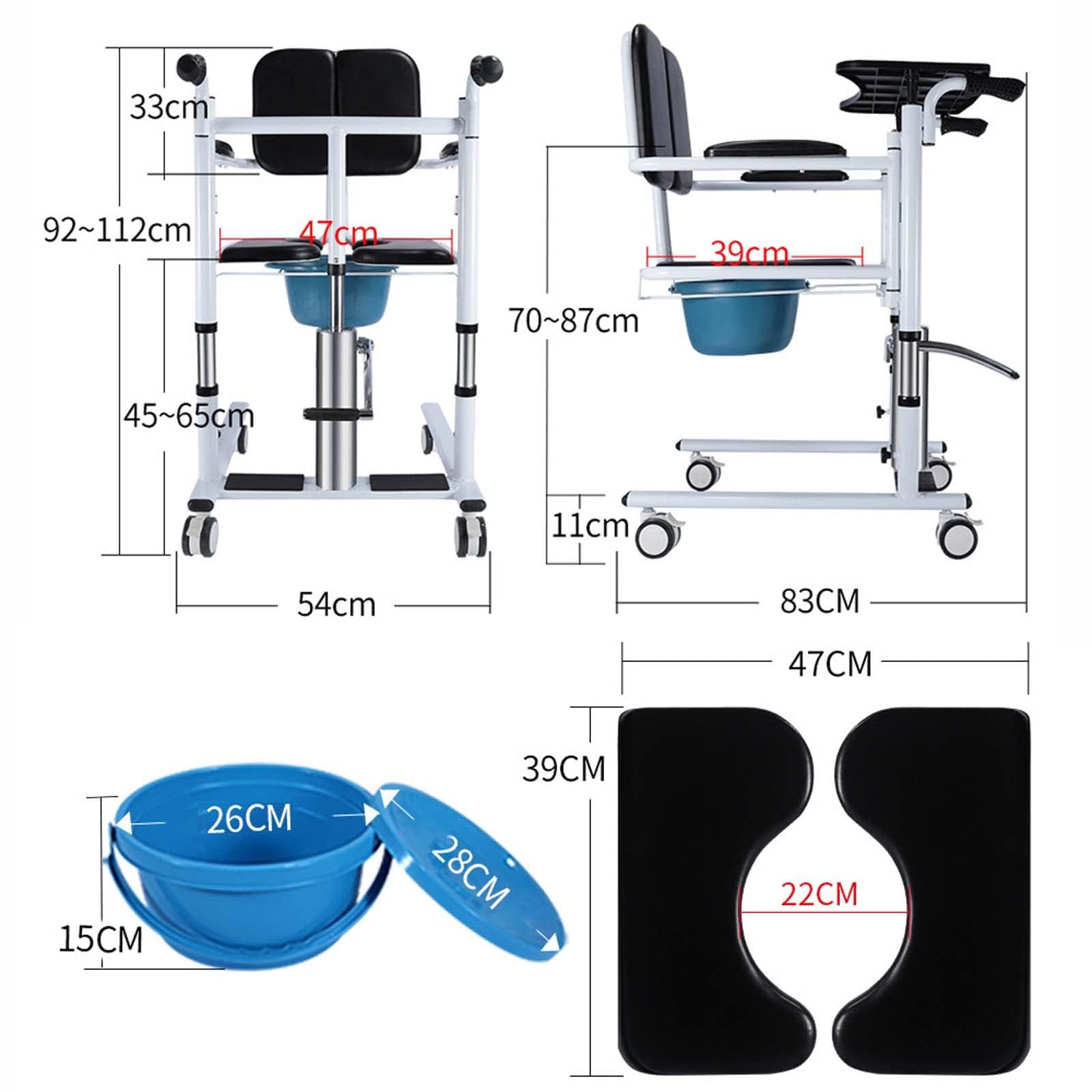 Hydrauliczny podnośnik pacjenta – fotel transferowy 5 w 1 z dzielonym siedzeniem 180°, nocnikiem i stołem tacowym, nośność do 150 kg, idealny do opieki nad osobami starszymi i bezpiecznego transferu