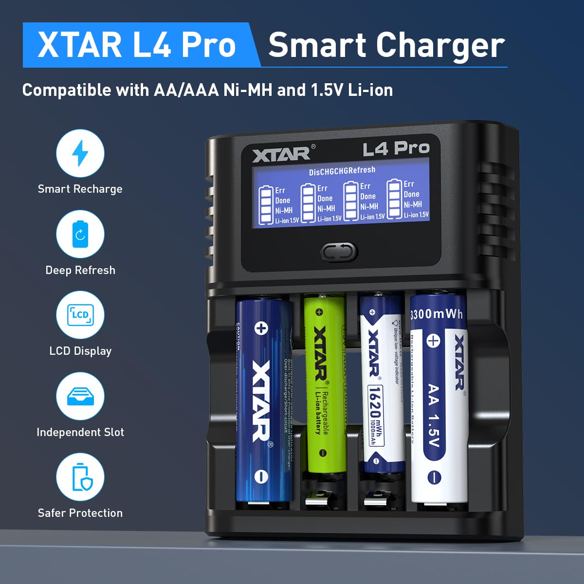 XTAR Chargeur L4 Pro pour piles AA AAA - Chargeur rapide compatible avec batteries NI-MH et Li-Ion - Chargeur intelligent avec protection contre les surcharges pour batteries 1,2 V et 1,5 V