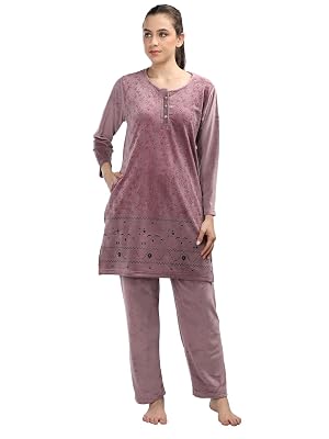 Duchess Women's Supersoft Velvet Printed Night Suit For Winter Wear, 2XL, Pink
