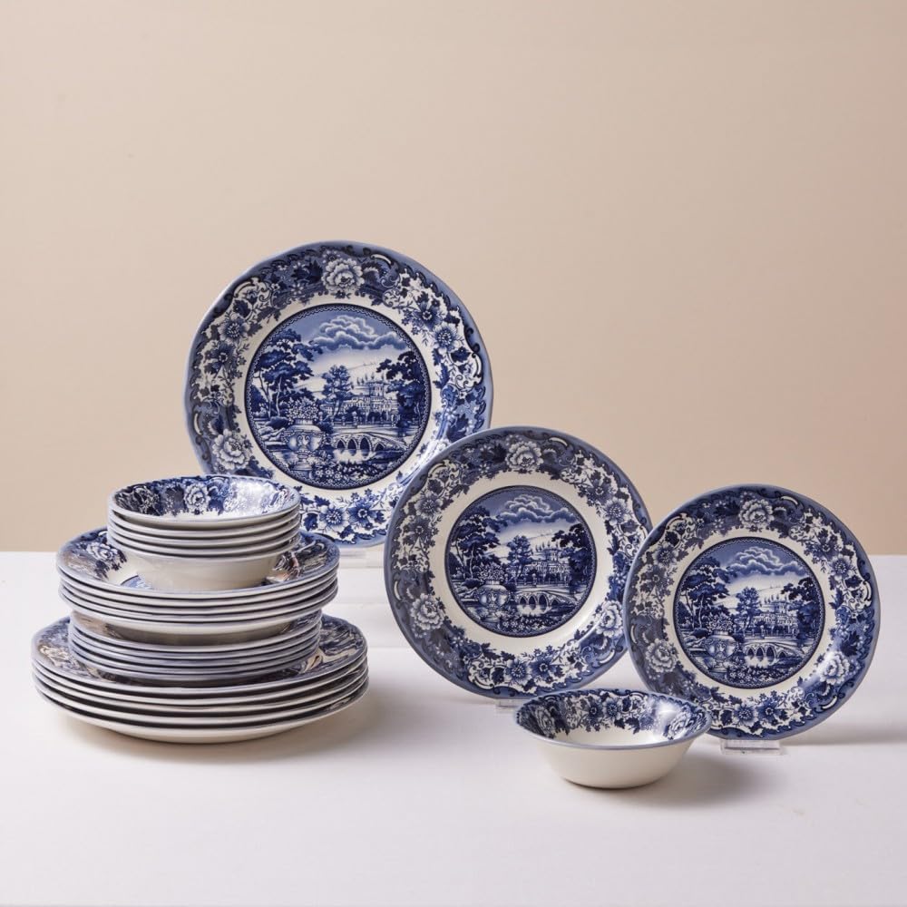 Karaca Forever Bone Old Town Stoneware Dinner Sets for 6 People, Willow Dinner Plates Bowls Set, Dishwasher Safe Dinnerware, Blue, 24-Piece