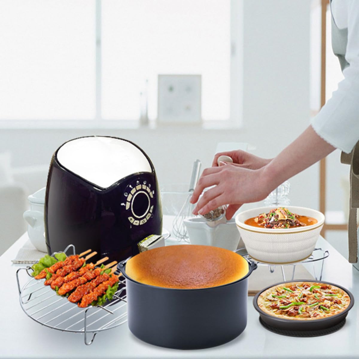 ibasenice 9 Stück Edelstahl Airfryer Zubehör mit Antihaft Kuchenform und Pizzaform Spülmaschinenfest Vielseitiges Heißluftfritteusen Zubehör für Küche und Kochen Zufällige Farbe