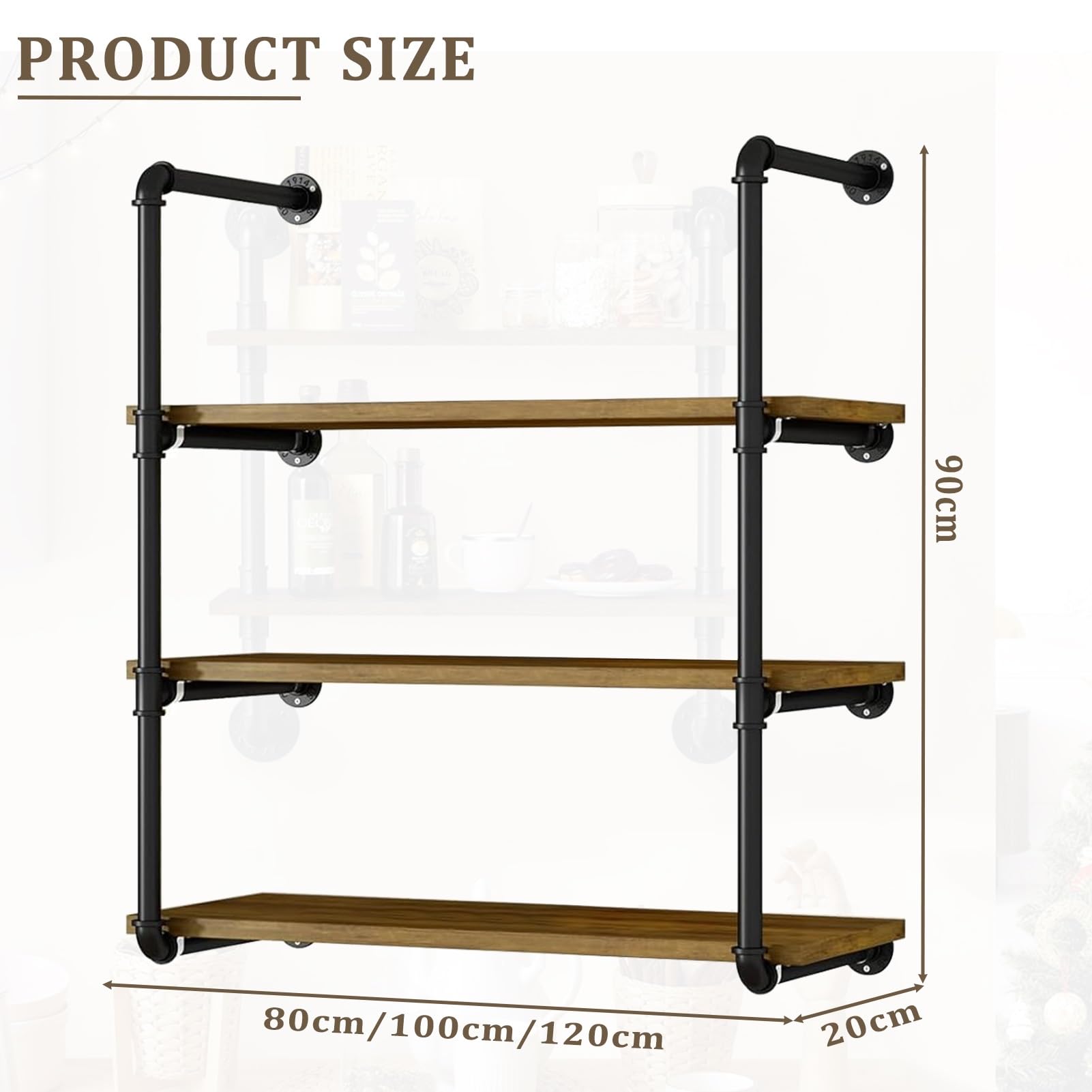 Rustikales industrielles Rohrregal, 3 Etagen, Wandmontage, Metall, schwebende Regale für Wohnzimmer, Schlafzimmer, Badezimmer, Küche, Büro, Aufbewahrung (100 x 20 x 90 cm)