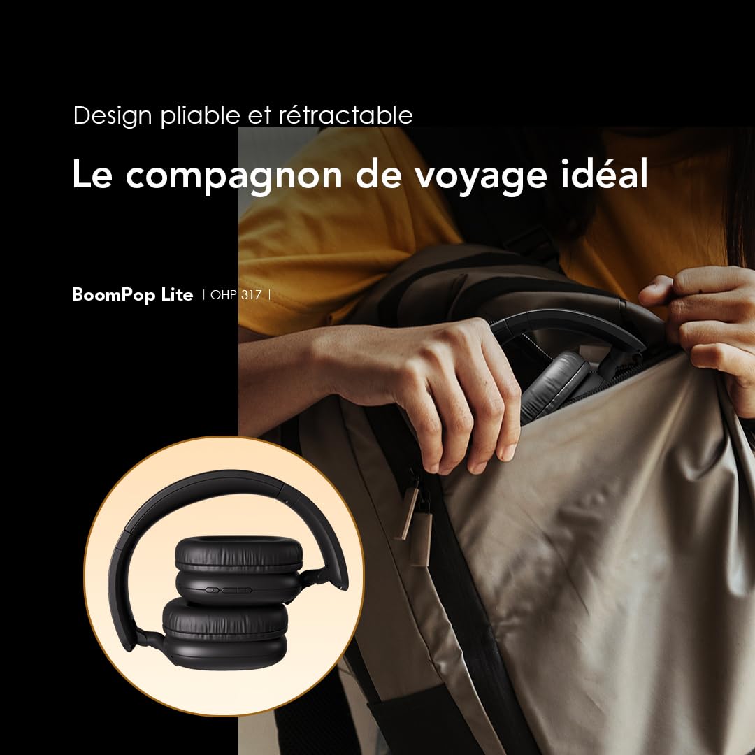 Oraimo BoomPop Lite Casque Bluetooth sans Fil, 65 h d'autonomie, Charge Rapide 10 Min = 10 h, Son Spatial Sound360, Micro ENC, Mode Jeu, Pliable, Bluetooth 5.3 + Jack 3,5 mm, USB-C